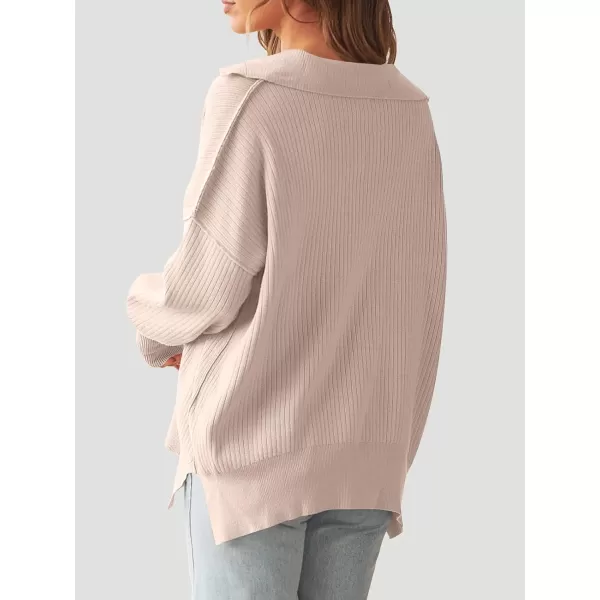 imageANRABESS Womens Oversized Sweater 2023 Fall Long Sleeve Button Up V Neck Collar Drop Shoulder Knit Pullover Shirt TopPink