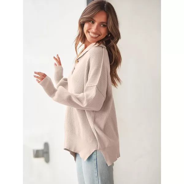 imageANRABESS Womens Oversized Sweater 2023 Fall Long Sleeve Button Up V Neck Collar Drop Shoulder Knit Pullover Shirt TopPink