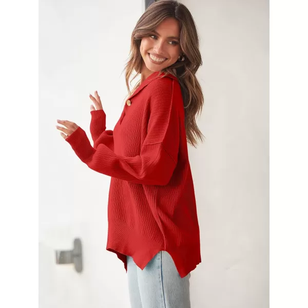 imageANRABESS Womens Oversized Sweater 2023 Fall Long Sleeve Button Up V Neck Collar Drop Shoulder Knit Pullover Shirt TopRed