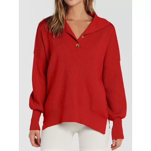 imageANRABESS Womens Oversized Sweater 2023 Fall Long Sleeve Button Up V Neck Collar Drop Shoulder Knit Pullover Shirt TopRed