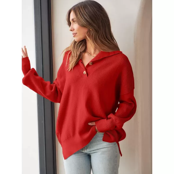 imageANRABESS Womens Oversized Sweater 2023 Fall Long Sleeve Button Up V Neck Collar Drop Shoulder Knit Pullover Shirt TopRed