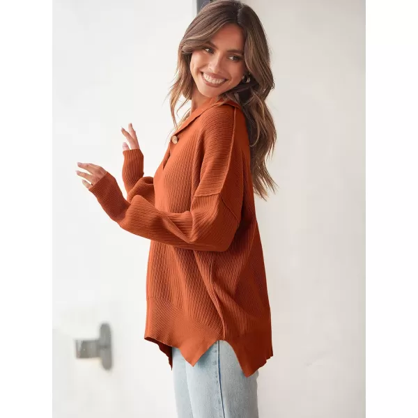 imageANRABESS Womens Oversized Sweater 2023 Fall Long Sleeve Button Up V Neck Collar Drop Shoulder Knit Pullover Shirt TopRust