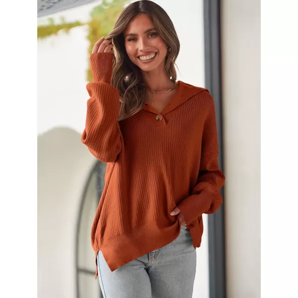 imageANRABESS Womens Oversized Sweater 2023 Fall Long Sleeve Button Up V Neck Collar Drop Shoulder Knit Pullover Shirt TopRust