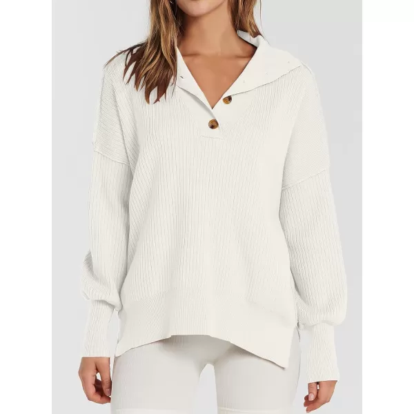 imageANRABESS Womens Oversized Sweater 2023 Fall Long Sleeve Button Up V Neck Collar Drop Shoulder Knit Pullover Shirt TopWhite