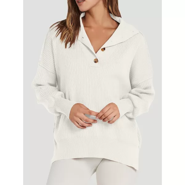 imageANRABESS Womens Oversized Sweater 2023 Fall Long Sleeve Button Up V Neck Collar Drop Shoulder Knit Pullover Shirt TopWhite
