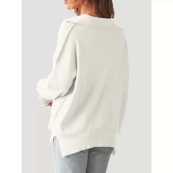 imageANRABESS Womens Oversized Sweater 2023 Fall Long Sleeve Button Up V Neck Collar Drop Shoulder Knit Pullover Shirt TopWhite