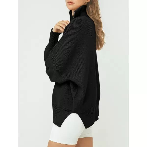 imageANRABESS Womens Oversized Sweater 2023 Fall Long Sleeve Quarter Zipper Collar Drop Shoulder Slouchy Pullover TopsBlack