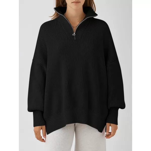 imageANRABESS Womens Oversized Sweater 2023 Fall Long Sleeve Quarter Zipper Collar Drop Shoulder Slouchy Pullover TopsBlack