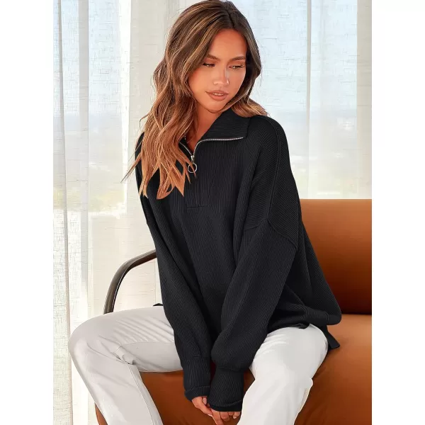 imageANRABESS Womens Oversized Sweater 2023 Fall Long Sleeve Quarter Zipper Collar Drop Shoulder Slouchy Pullover TopsBlack Blue