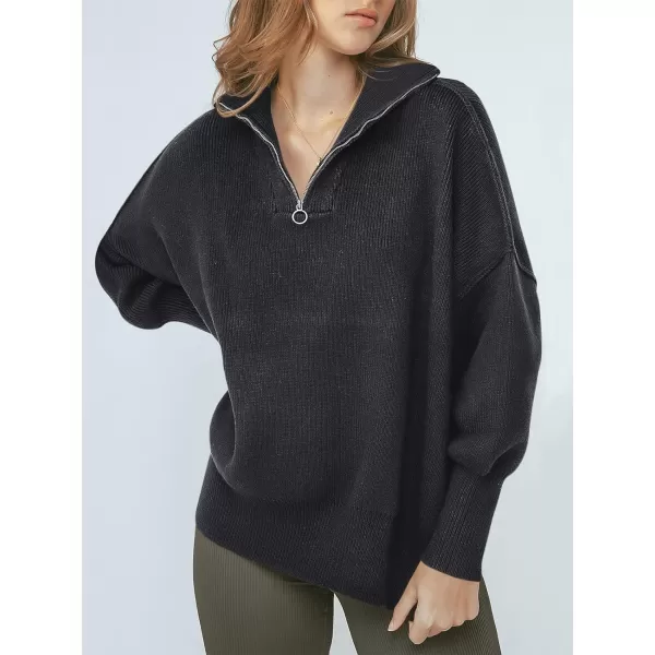 imageANRABESS Womens Oversized Sweater 2023 Fall Long Sleeve Quarter Zipper Collar Drop Shoulder Slouchy Pullover TopsBlack Blue