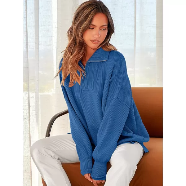 imageANRABESS Womens Oversized Sweater 2023 Fall Long Sleeve Quarter Zipper Collar Drop Shoulder Slouchy Pullover TopsBlue