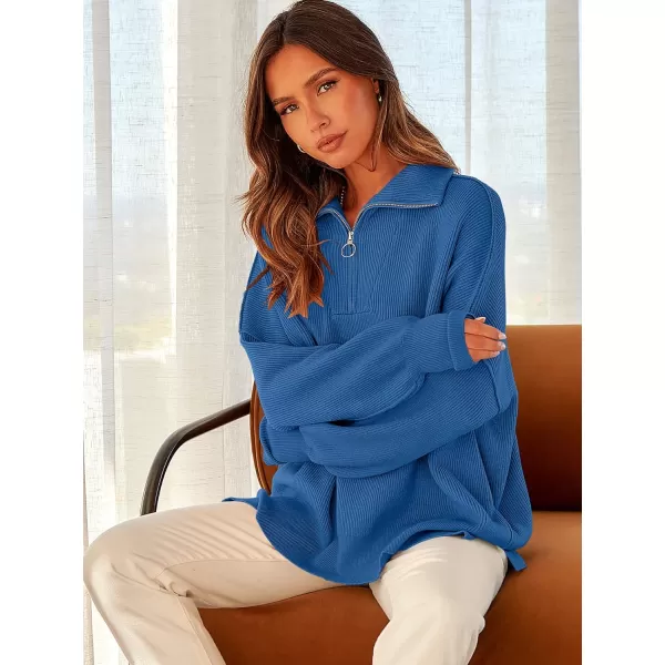 imageANRABESS Womens Oversized Sweater 2023 Fall Long Sleeve Quarter Zipper Collar Drop Shoulder Slouchy Pullover TopsBlue