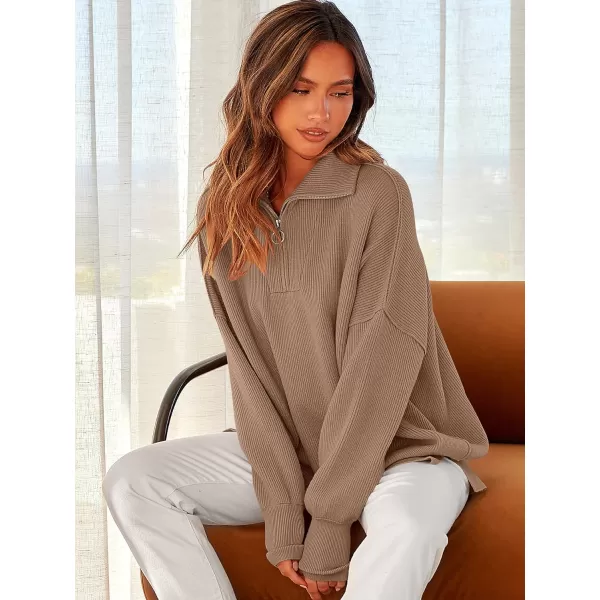 imageANRABESS Womens Oversized Sweater 2023 Fall Long Sleeve Quarter Zipper Collar Drop Shoulder Slouchy Pullover TopsBrown
