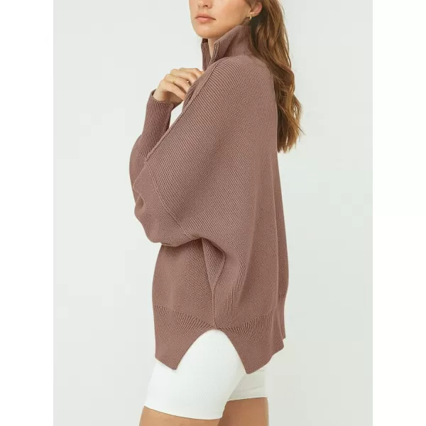 imageANRABESS Womens Oversized Sweater 2023 Fall Long Sleeve Quarter Zipper Collar Drop Shoulder Slouchy Pullover TopsBrown