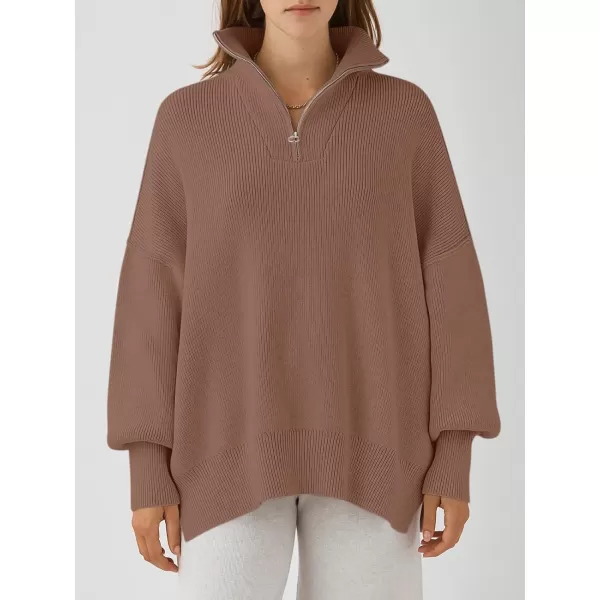 imageANRABESS Womens Oversized Sweater 2023 Fall Long Sleeve Quarter Zipper Collar Drop Shoulder Slouchy Pullover TopsBrown