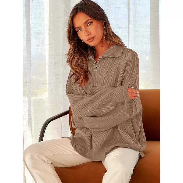 imageANRABESS Womens Oversized Sweater 2023 Fall Long Sleeve Quarter Zipper Collar Drop Shoulder Slouchy Pullover TopsBrown