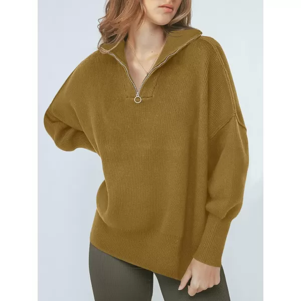 imageANRABESS Womens Oversized Sweater 2023 Fall Long Sleeve Quarter Zipper Collar Drop Shoulder Slouchy Pullover TopsCamel