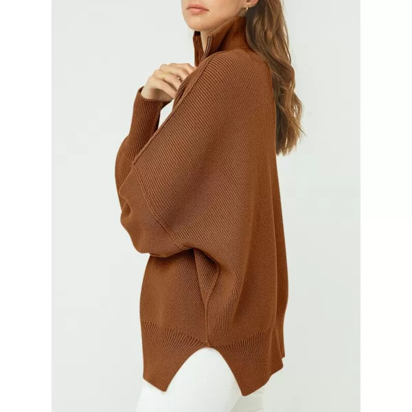 imageANRABESS Womens Oversized Sweater 2023 Fall Long Sleeve Quarter Zipper Collar Drop Shoulder Slouchy Pullover TopsCoffee