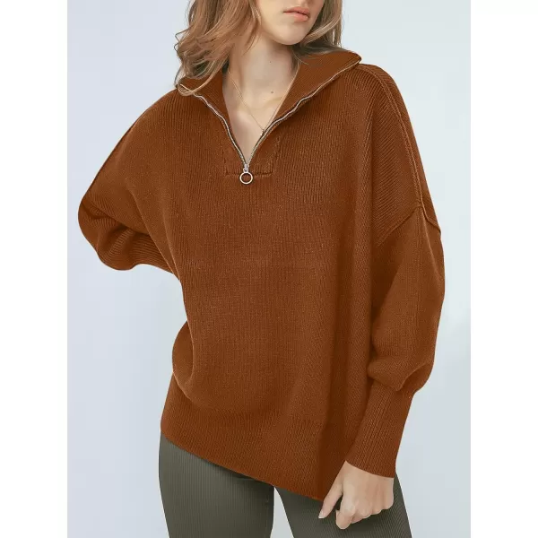 imageANRABESS Womens Oversized Sweater 2023 Fall Long Sleeve Quarter Zipper Collar Drop Shoulder Slouchy Pullover TopsCoffee