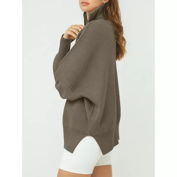 imageANRABESS Womens Oversized Sweater 2023 Fall Long Sleeve Quarter Zipper Collar Drop Shoulder Slouchy Pullover TopsCoffee Gray