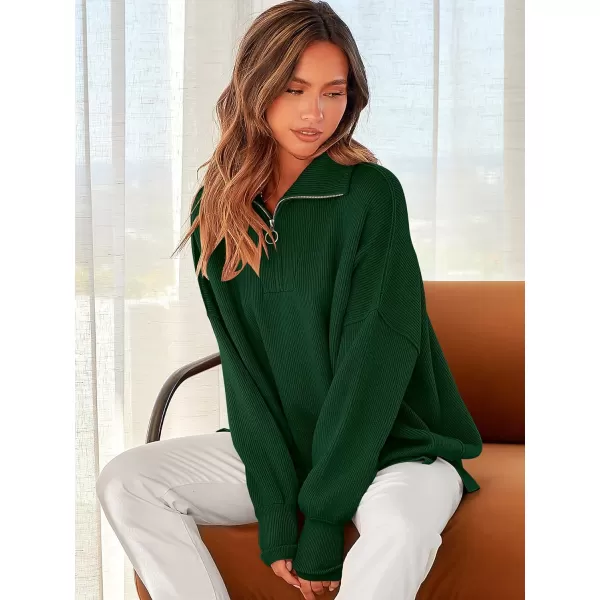 imageANRABESS Womens Oversized Sweater 2023 Fall Long Sleeve Quarter Zipper Collar Drop Shoulder Slouchy Pullover TopsDark Green