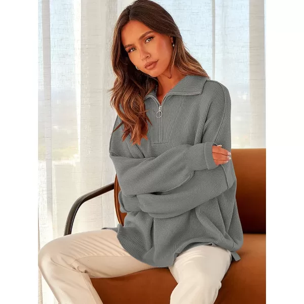 imageANRABESS Womens Oversized Sweater 2023 Fall Long Sleeve Quarter Zipper Collar Drop Shoulder Slouchy Pullover TopsDeep Gray