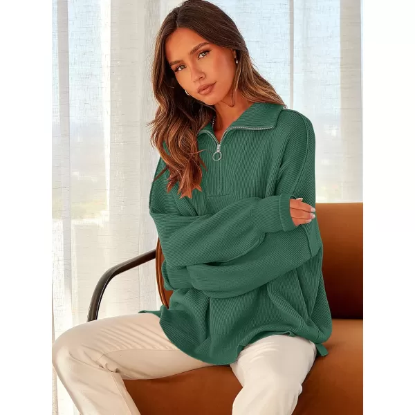 imageANRABESS Womens Oversized Sweater 2023 Fall Long Sleeve Quarter Zipper Collar Drop Shoulder Slouchy Pullover TopsDeep Gray Geen