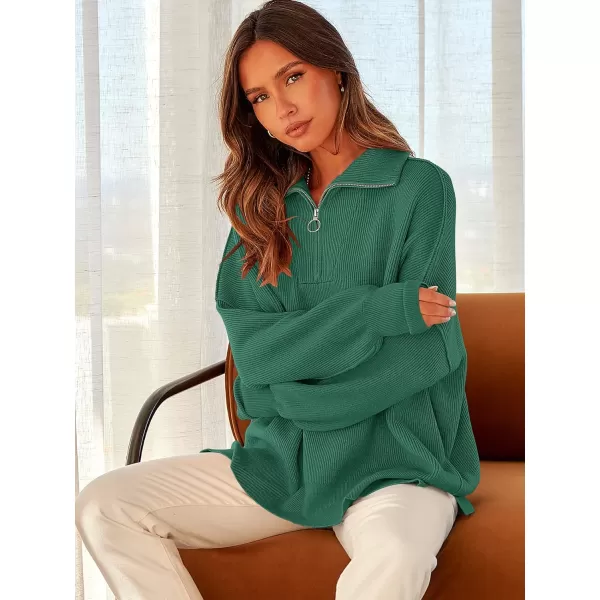 imageANRABESS Womens Oversized Sweater 2023 Fall Long Sleeve Quarter Zipper Collar Drop Shoulder Slouchy Pullover TopsDeep Green
