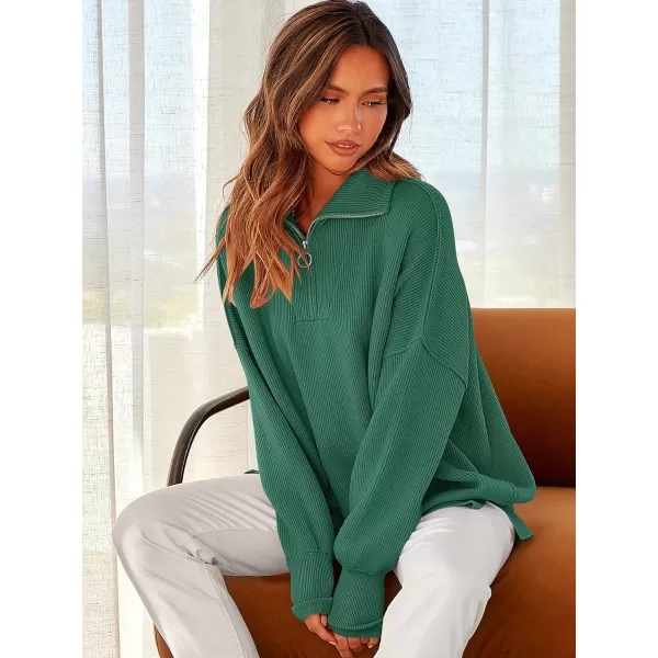 imageANRABESS Womens Oversized Sweater 2023 Fall Long Sleeve Quarter Zipper Collar Drop Shoulder Slouchy Pullover TopsDeep Green