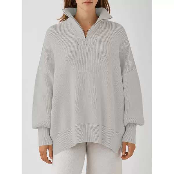 imageANRABESS Womens Oversized Sweater 2023 Fall Long Sleeve Quarter Zipper Collar Drop Shoulder Slouchy Pullover TopsGray