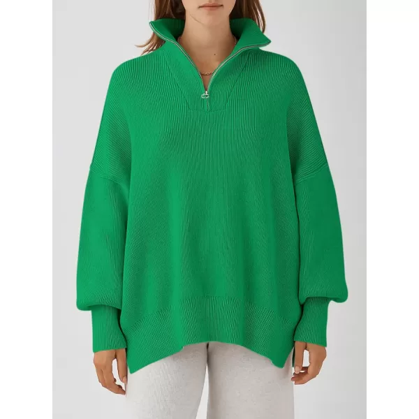 imageANRABESS Womens Oversized Sweater 2023 Fall Long Sleeve Quarter Zipper Collar Drop Shoulder Slouchy Pullover TopsGreen