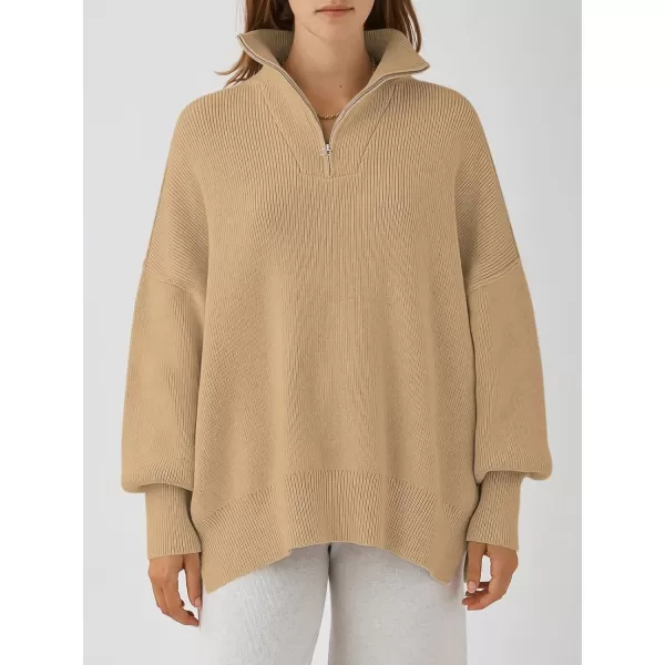 imageANRABESS Womens Oversized Sweater 2023 Fall Long Sleeve Quarter Zipper Collar Drop Shoulder Slouchy Pullover TopsKhaki