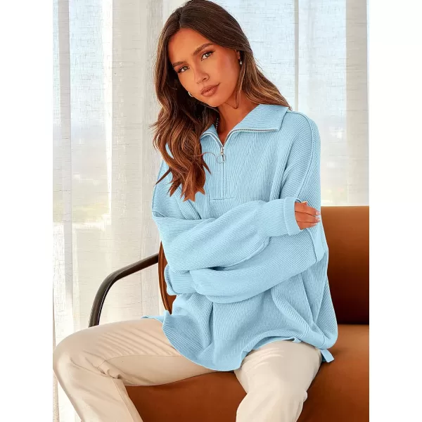 imageANRABESS Womens Oversized Sweater 2023 Fall Long Sleeve Quarter Zipper Collar Drop Shoulder Slouchy Pullover TopsLight Blue