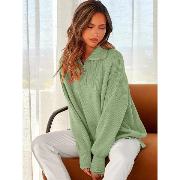 imageANRABESS Womens Oversized Sweater 2023 Fall Long Sleeve Quarter Zipper Collar Drop Shoulder Slouchy Pullover TopsLight Green