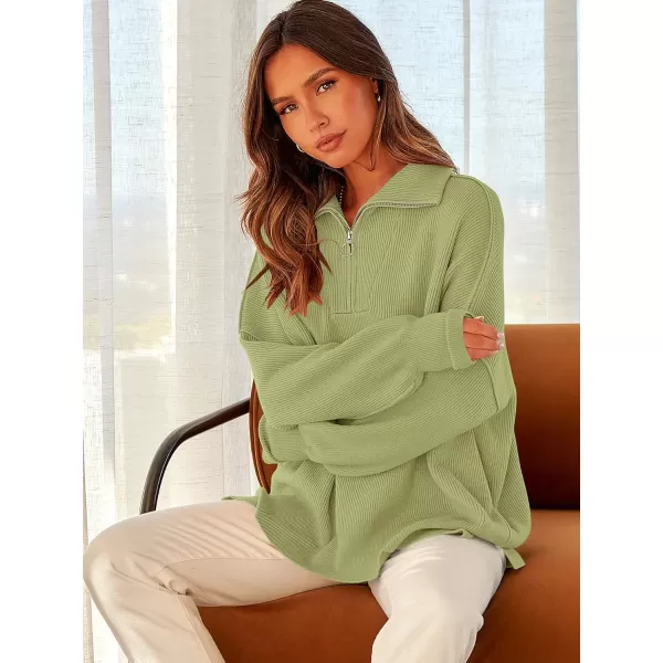 imageANRABESS Womens Oversized Sweater 2023 Fall Long Sleeve Quarter Zipper Collar Drop Shoulder Slouchy Pullover TopsPea