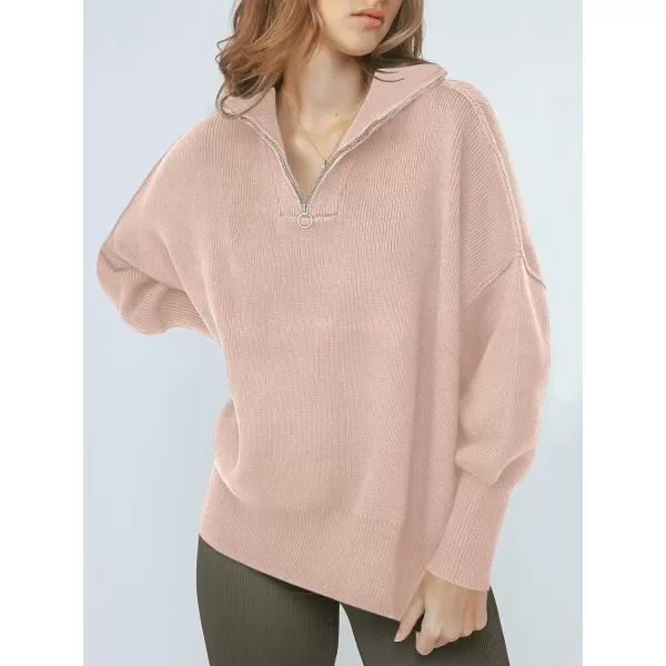 imageANRABESS Womens Oversized Sweater 2023 Fall Long Sleeve Quarter Zipper Collar Drop Shoulder Slouchy Pullover TopsPink