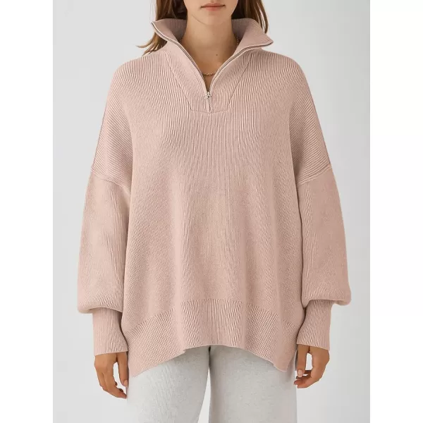 imageANRABESS Womens Oversized Sweater 2023 Fall Long Sleeve Quarter Zipper Collar Drop Shoulder Slouchy Pullover TopsPink