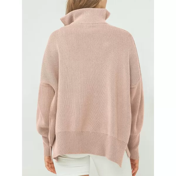 imageANRABESS Womens Oversized Sweater 2023 Fall Long Sleeve Quarter Zipper Collar Drop Shoulder Slouchy Pullover TopsPink