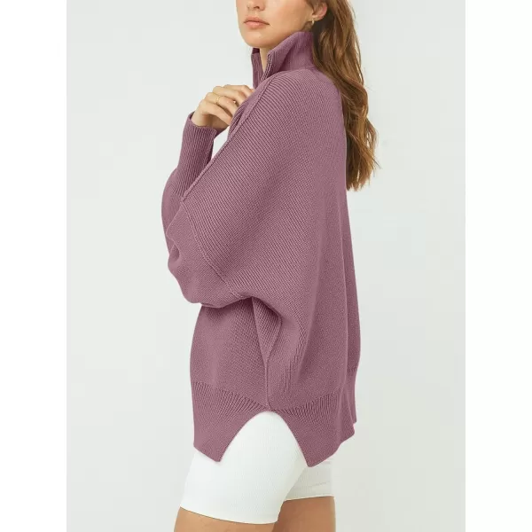 imageANRABESS Womens Oversized Sweater 2023 Fall Long Sleeve Quarter Zipper Collar Drop Shoulder Slouchy Pullover TopsPurple