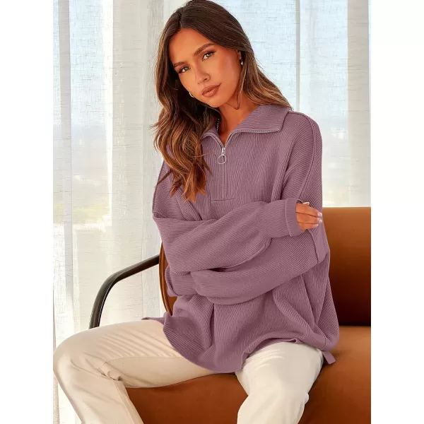 imageANRABESS Womens Oversized Sweater 2023 Fall Long Sleeve Quarter Zipper Collar Drop Shoulder Slouchy Pullover TopsPurple