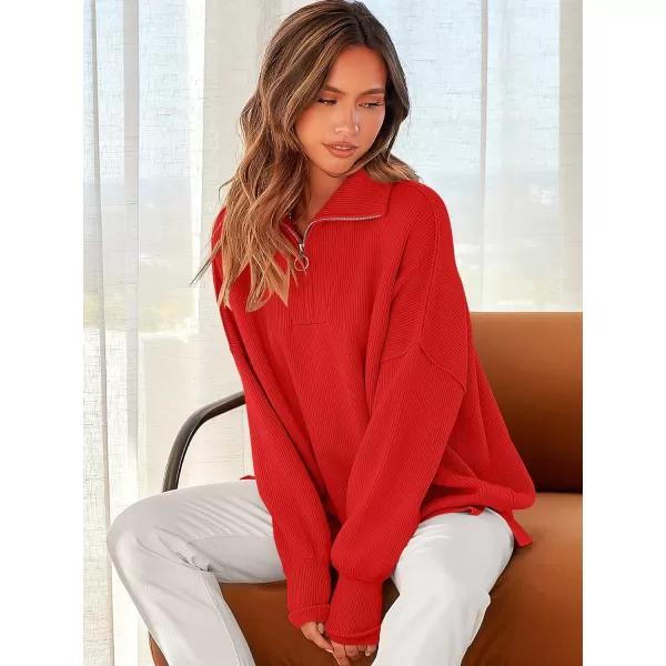 imageANRABESS Womens Oversized Sweater 2023 Fall Long Sleeve Quarter Zipper Collar Drop Shoulder Slouchy Pullover TopsRed