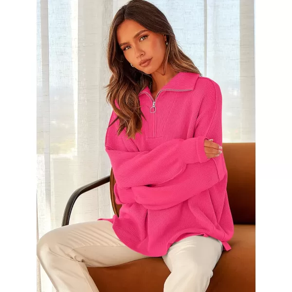 imageANRABESS Womens Oversized Sweater 2023 Fall Long Sleeve Quarter Zipper Collar Drop Shoulder Slouchy Pullover TopsRose