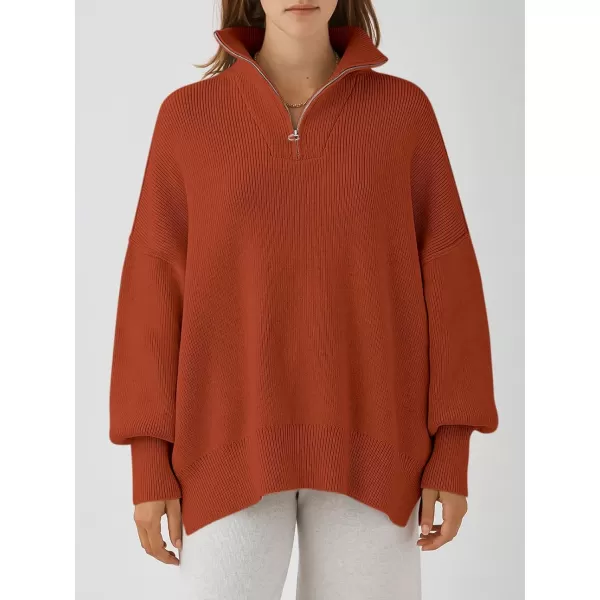 imageANRABESS Womens Oversized Sweater 2023 Fall Long Sleeve Quarter Zipper Collar Drop Shoulder Slouchy Pullover TopsRust