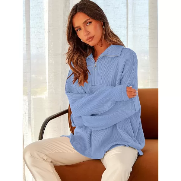 imageANRABESS Womens Oversized Sweater 2023 Fall Long Sleeve Quarter Zipper Collar Drop Shoulder Slouchy Pullover TopsSky Blue