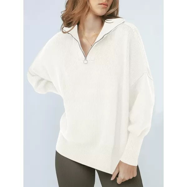 imageANRABESS Womens Oversized Sweater 2023 Fall Long Sleeve Quarter Zipper Collar Drop Shoulder Slouchy Pullover TopsWhite