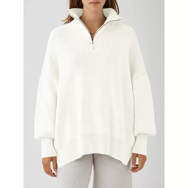 imageANRABESS Womens Oversized Sweater 2023 Fall Long Sleeve Quarter Zipper Collar Drop Shoulder Slouchy Pullover TopsWhite