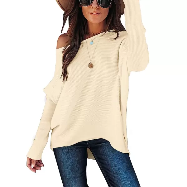 imageANRABESS Womens Oversized Sweater Casual Boat Neck Long Batwing Sleeve Asymmetric Hem Knit Slouchy Jumper Tunic TopsApricot