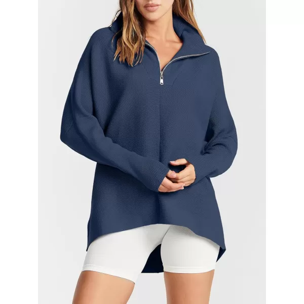 imageANRABESS Womens Oversized Sweaters Half Zip Collared Casual Slouchy Knit Tunic Pullover Sweater 2023 Trendy Fall OutfitsDark Blue
