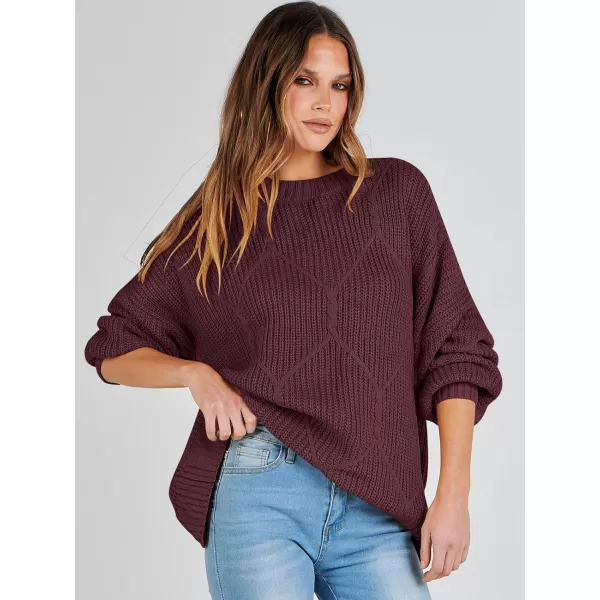 imageANRABESS Womens Oversized Sweaters Long Sleeve Crewneck Chunky Cable Knit Fall Slouchy Pullover Sweater TopsWine