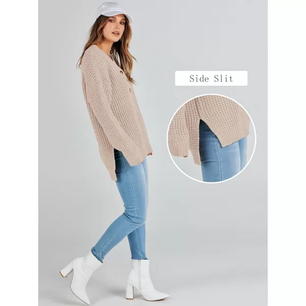 imageANRABESS Womens Oversized Sweaters Long Sleeve Loose V Neck Button Henley Tops Side Slit Pullover Knit JumperApricot